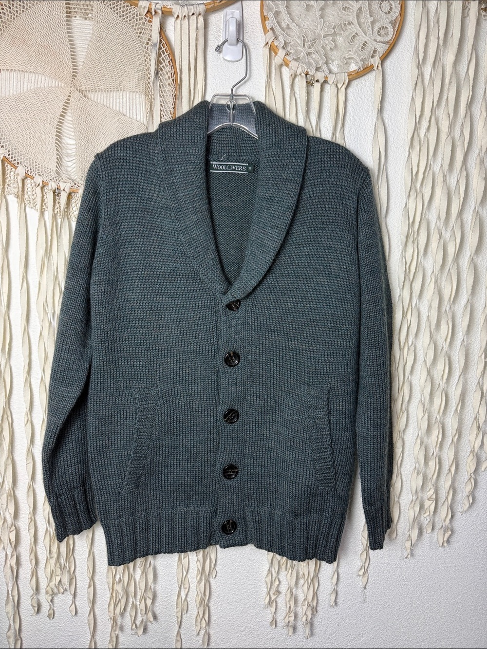 WoolOvers Teal Men's Shawl Collar Button Up Sweater with Pockets XS